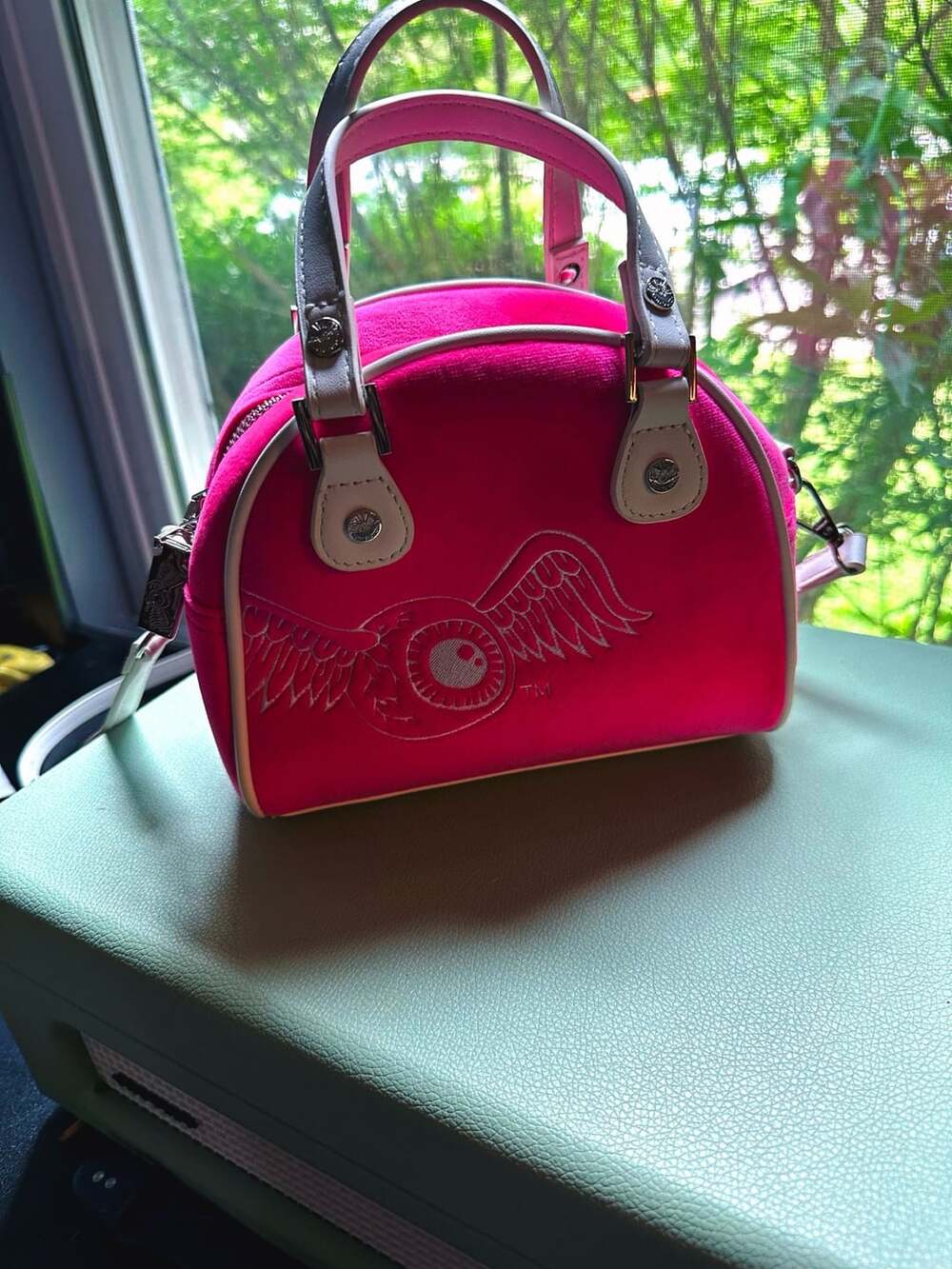 Von Dutch Velour Rhinestone Bowling Bag - Hot Pink